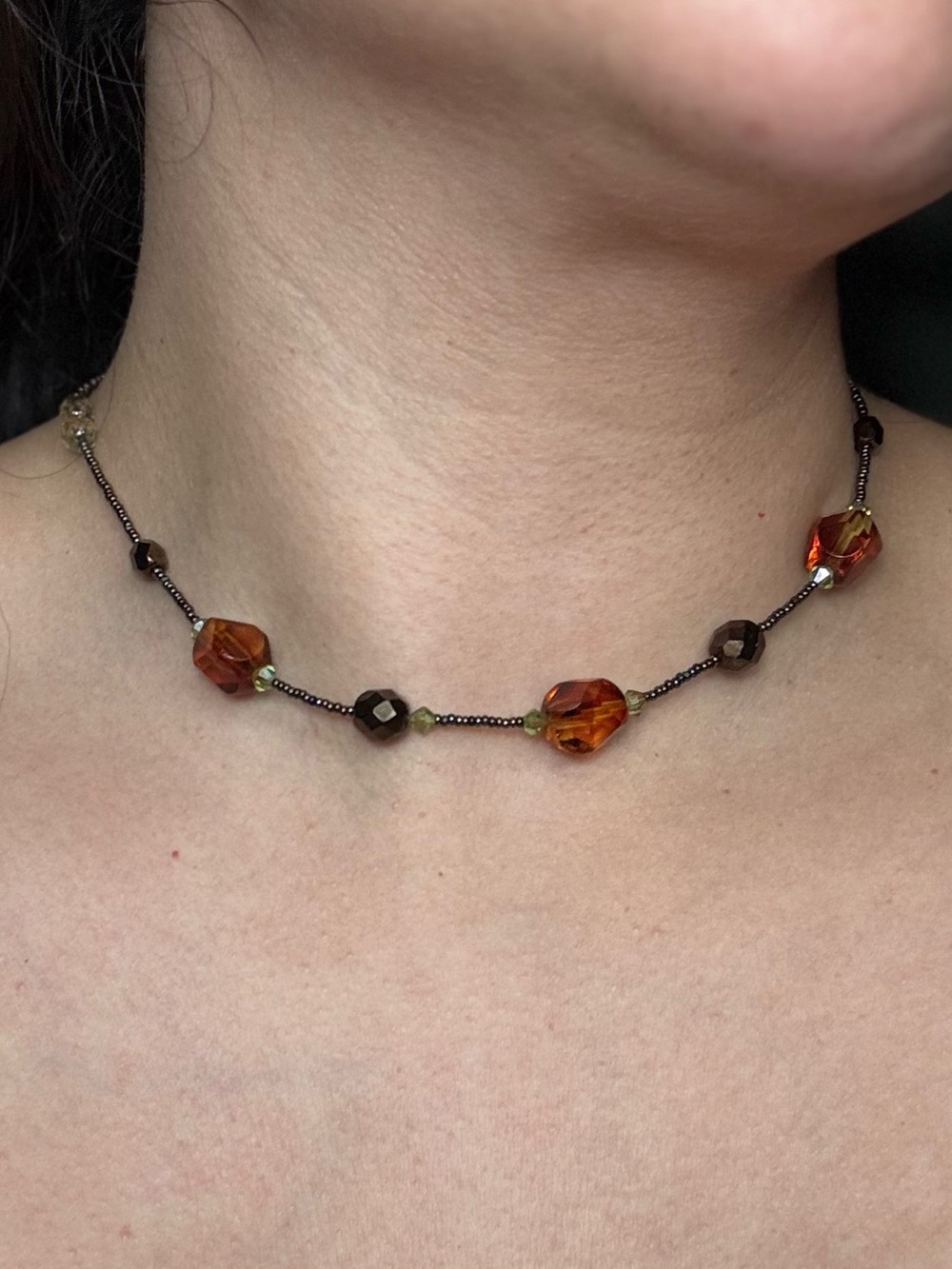 Vintage Gold Dark Amber Bead Adjustable Victorian Choker Necklace